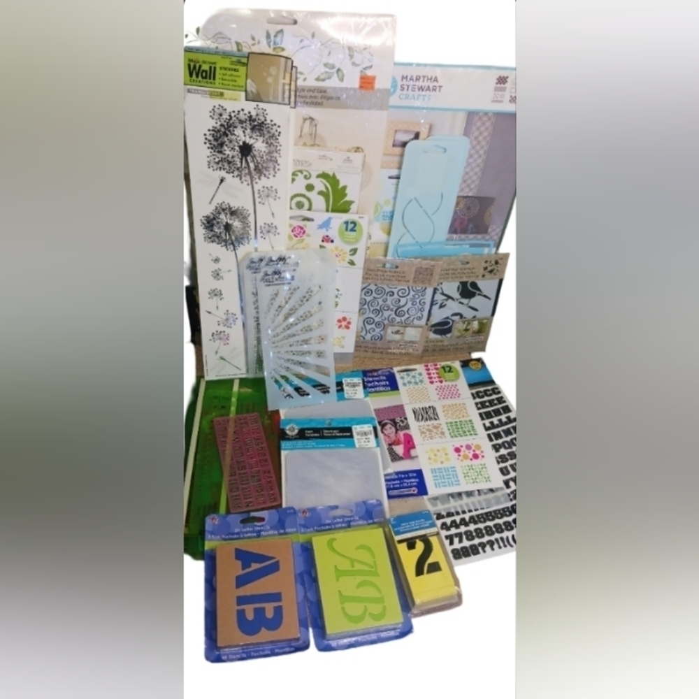 Large Stencil Lot Martha Stuart, Plaid, Letters, Jim, Stickers, Loops & Threads